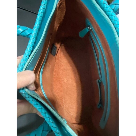 Alexandro Yeo Mexican Leather Tooled Embossed Turquoise Tote Braided Handle - Picture 7 of 16
